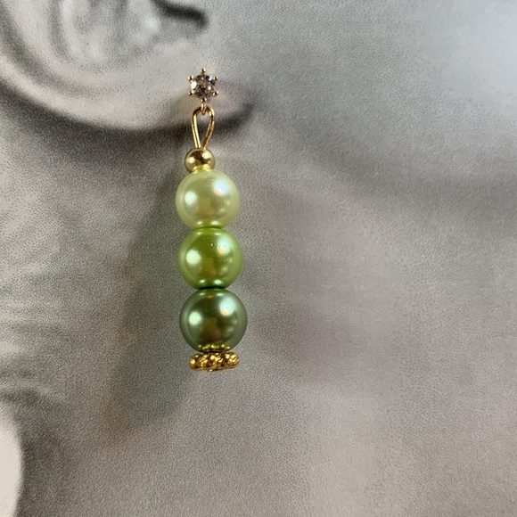Hand Crafted Faux Green Pearl Dangle Cubic Zirconia Stud Post Earrings - Picture 3 of 9